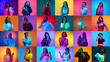 © master1305 - Collage made of portraits of different men and women raising finger up against multicolored background in neon light. Ideas. Concept of human emotions, youth, lifestyle, facial expression. Ad