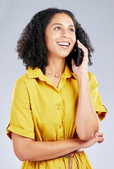 Poster - Woman thinking, phone call and ideas for communication student decision and happy advice on white background. Information, college feedback and opportunity of young african person on mobile in studio