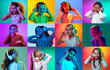 © master1305 - Collage made of portraits of little boys and girls, children listening to music in headphones on multicolored background in neon light. Concept of human emotions, childhood, lifestyle, expression. Ad