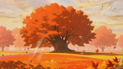autumn landscape with big maple trees when fall season. cartoon or japanese anime illustration style