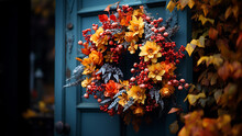 Decorative Bright Autumn Wreath Hanging On Front Door Of House Door Close Up. Beautiful Festive Decoration For Thanksgiving Or Halloween Party. Fall Season Background October, Autumn Fall Concept