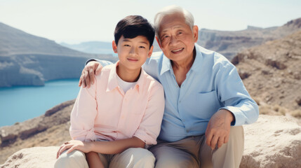 Asian Chinese grandson his grandfather in travel in Greece islands Europe with mediterranean coastal view