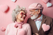 Married happy couple of elderly pensioners in retro pastel clothings with heart shapes representing love and romance between old people