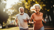 Elderly People Running With Friend, Old Persons Doing Sports