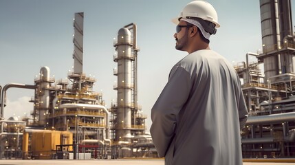 Wall Mural - Arab man in keffiyeh against the background of an oil refinery with a joyful expression on his face