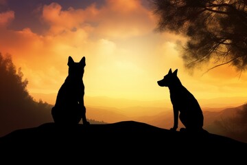 Naklejka na meble Silhouettes of two dogs sitting on a mountain at sunset.