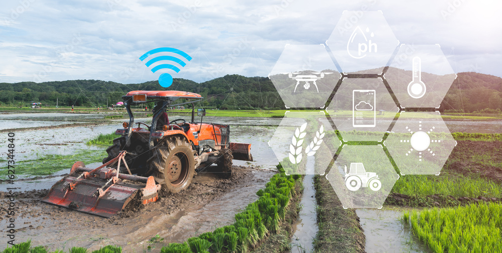 IOT smart industry robot 4.0 agriculture concept.Autonomous tractor ...