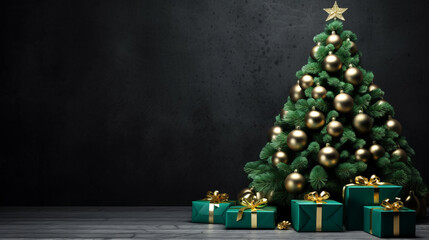 Merry Christmas holiday celebration greeting card background - Christmas tree with gold christmas ornaments, christmas baubles and green gift boxes and presents on floor (Generative Ai)