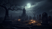 The Full Moon Casting An Ominous Glow Over A Spooky Graveyard Filled With Ancient Tombstones. Generative AI