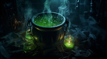 A Witch's Cauldron Bubbling With Mysterious Green Potion Surrounded By Flickering Candles. Generative AI