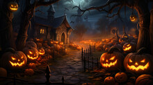 A Haunted Pumpkin Patch With Pumpkins Coming To Life With Wicked Grins And Glowing Eyes. Generative AI
