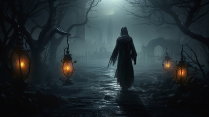 A mysterious figure in a cloak holding a lantern, wandering through a misty graveyard. Generative AI