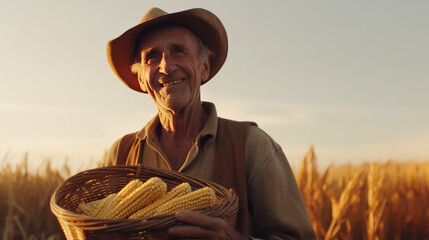 A mature senior man farmer stands in a field with baskets of corn in his hands against the backdrop of sunset at the golden hour. Ingathering. Corn harvest. A man wears a hat. Generated by AI