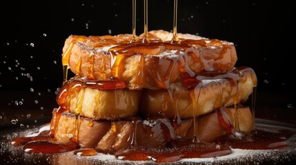 Wall Mural - french toast with melted maple syrup and fruit topping on it, black background and blur