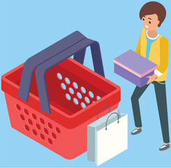 Wall Mural - man puts purchase in shopping cart. food and shopping bag basket. purchases, orders in online store.