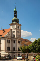 Wall Mural - Picturesque landscape view of town hall with clock in the city center of Loket, Bohemia, Sokolov, Karlovarsky Region, Czech Republic. Travel and tourism concept