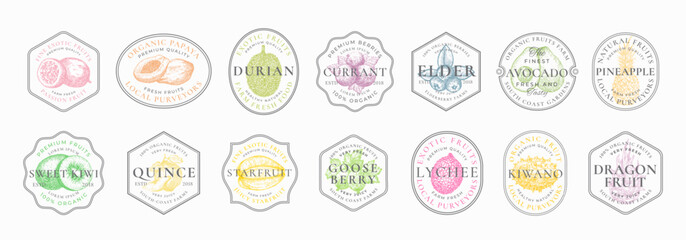 Wall Mural - fruits frame badges logo templates collection. hand drawn fruits and berries sketch with retro typog