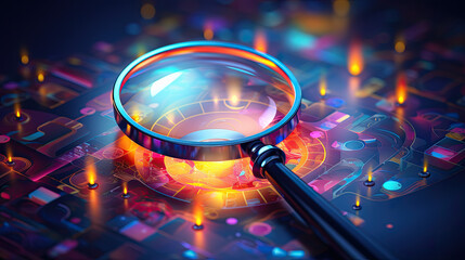 a magnifying glass is looking for something on a small digital map. Generative AI