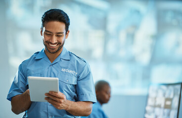 Poster - Happy asian man, security guard and tablet for surveillance, research or browsing at the office. Male person, police or officer smile on technology for social media, networking or communication