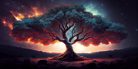 The big tree of life, which connects the terrestrial and heavenly realms, is the source of all life in the cosmos Ai generated image