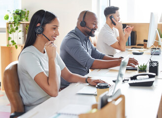 Aufkleber - Call center, customer service or support with consultant people at work in an office for assistance. Contact us, crm or consulting with a group of employees using headset technology for telemarketing