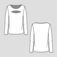 Women cut out mock neck top fitted fashion boat neck blouse t shirt  flat sketch technical drawing template design vector