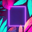 Creative fluorescent color layout made of tropical leaves with neon light square. Flat lay. Nature concept.