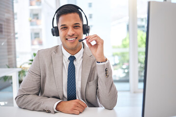 Aufkleber - Happy man, portrait and call center with headphones in customer service, support or telemarketing at office. Male person, consultant or agent smile for online advice, help or contact us at workplace