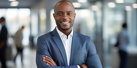 Aufkleber - Portrait of smiling african businessman standing in office with crossing hands
