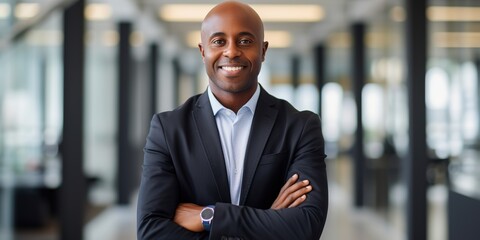 Aufkleber - Portrait of smiling african businessman standing in office with crossing hands