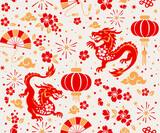Seamless pattern happy chinese new year the dragon zodiac sign with asian elements paper cut style on color background.