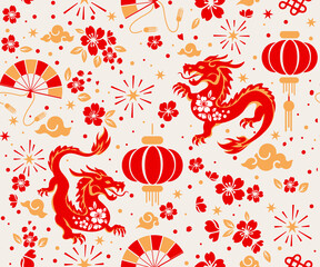 Seamless pattern happy chinese new year the dragon zodiac sign with asian elements paper cut style on color background.