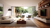 Fototapeta Przestrzenne - A modern mid-century minimalist interior living. Generative ai