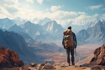 young hiker with backpack in mountains