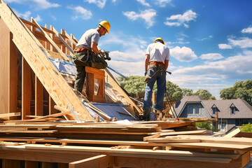 two roofer ,carpenter working on roof structure at construction site
