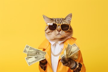 Cool rich successful hipster cat with sunglasses and cash money. Yellow background