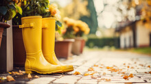 Yellow Rubber Boots Standing Next To Pots With Flowers In The Garden. Gardening In The Autumn Season. Beautiful Sunny Fall Day.