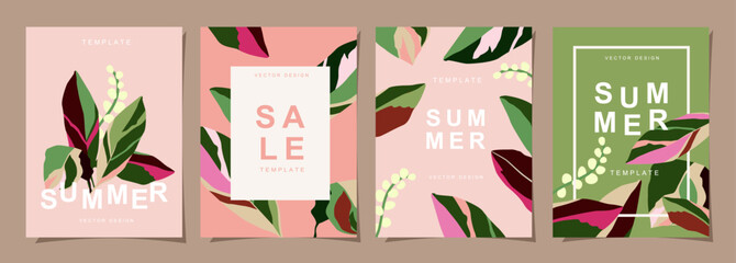 Summer template set for poster, card, cover, label, banner in modern minimalist style and simple summer design templates with tropical leaves, flower, and plants.