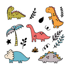 Wall Mural - Funny coloured characters set. Cute hand drawn dinosaurs and tropical plants. Dino collection for kids