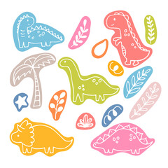 Wall Mural - Cute hand drawn dinosaurs and tropical plants. Funny coloured characters set. Dino collection for kids