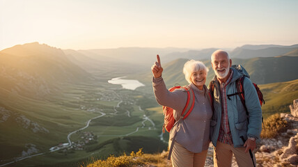 Two happy active seniors having fun at the top of the mountain. Couple of mature people enjoying and having fun in vacations. Traveling  lifestyle