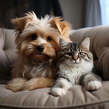 Yorkshire Terrier Puppy And Cat