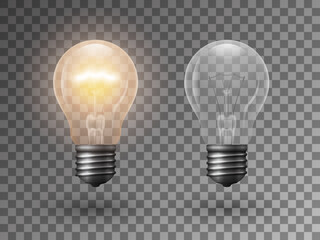 Realistic transparent old style light bulbs on dark background. 3d vector illustration of on and off electric filament lamps. Concept icon for innovation, creative idea, business solution.
