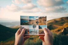 Close Up Hands Unrecognizable Traveler Tourist Man Holding Postcard Photo Image Picture Photography Collage Images Of Sea Beach Coastline Mountain Natural Landscapes Nature Mountains Memories Vacation