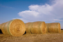 Round Straw Bales On A Field At Harvest Time; Greenleaf, Kansas, United States Of America