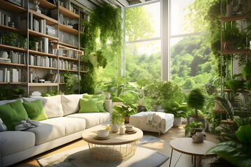 Wall Mural - A modern and cosy living room full of nature green plants - Home design theme