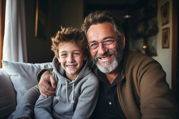 Wall Mural - Adult hipster son fun hugging old senior father at home, two generations have a beard talking together and relaxing with smile, 2 man happy enjoy to living at home in father's day , generative ai