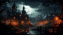 3D Illustration Of A Halloween Concept Background Of A Creepy Village In A Misty Moonlight