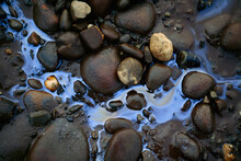 Oil Slick And Pebbles In A Stream; North Slope, Alaska, United States Of America