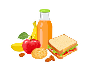 School lunch. Vector cartoon illustration of healthy food. Sandwich, fruits, nuts, cookie and juice.